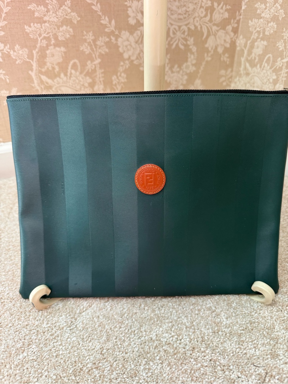 Fendi Dark Green Striped Clutch with Brown Leather Logo Medallion